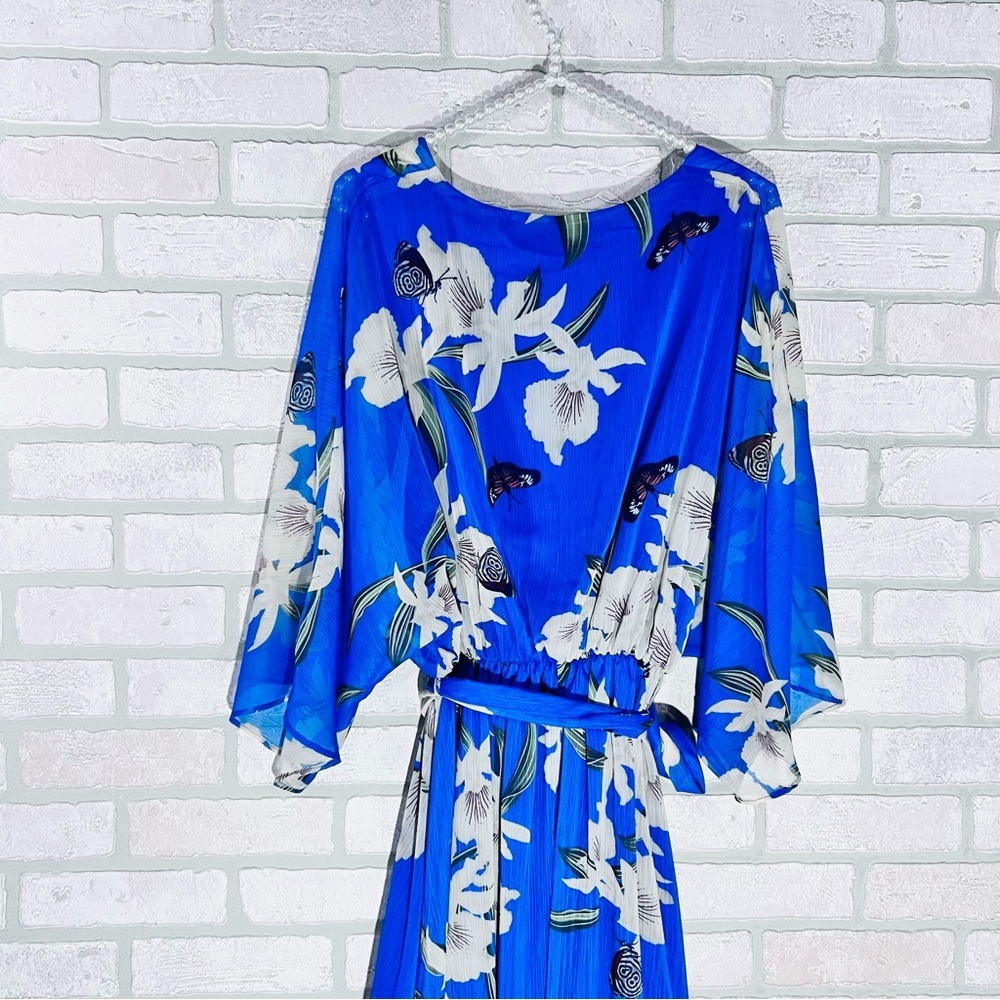 Urban Touch NWT Yumi Blue Floral Print Kimono Midi Wrap Dress Size 18 - Picture 9 of 11